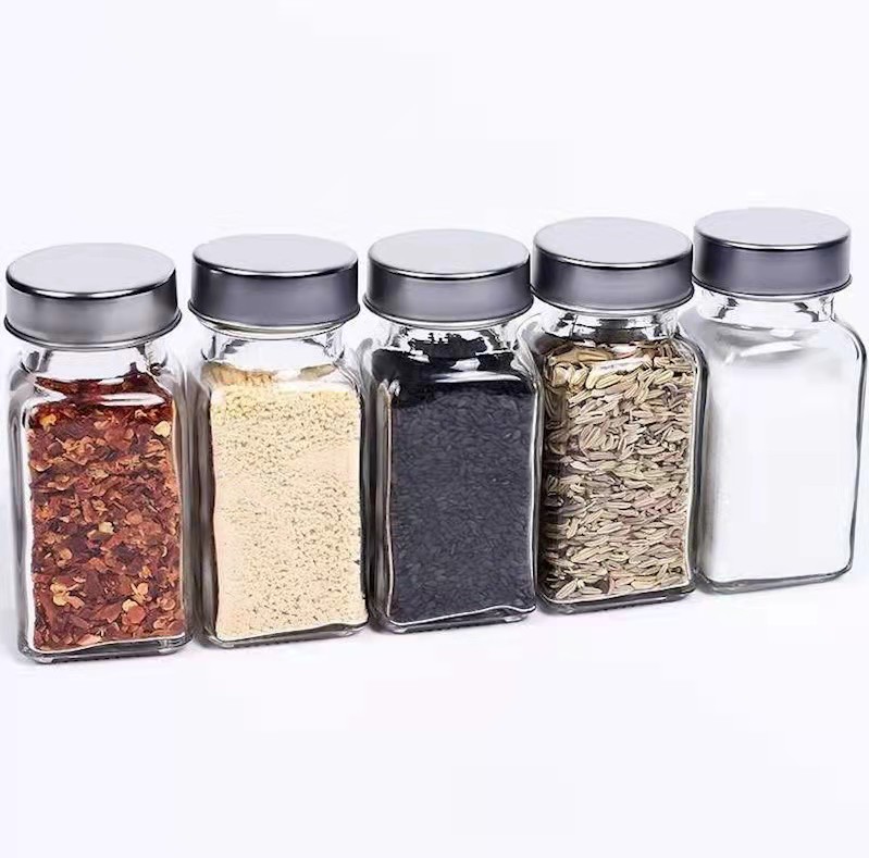 100ml Lead Free Glass Square Shape Spice Bottle with Seal Stainless Steel Round Lid