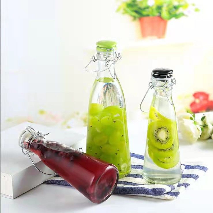 250ml 500ml 750ml1000ml 1500ml Drinking Glass Bottle with Metal Buckle Lid