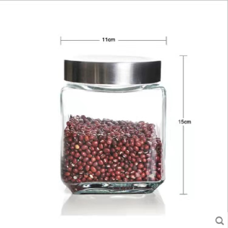 Food Grade 500ml-2000ml Square Glass Storage Jar with Metal Lid 