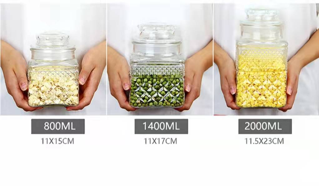 800ml 1400ml 2000ml Square Shape Glass Jar with Mushroom Glass Lid