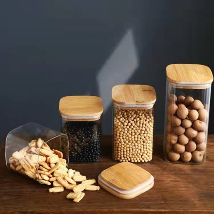 50ml 100ml 200ml 300ml 500ml 1L 1.5L Ecology Square Pantry Canister Jar with Bamboo Lid