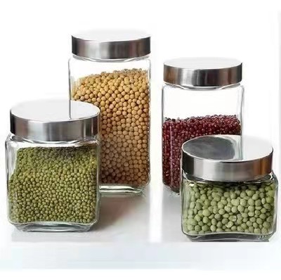 Food Grade 500ml-2000ml Square Glass Storage Jar with Metal Lid 