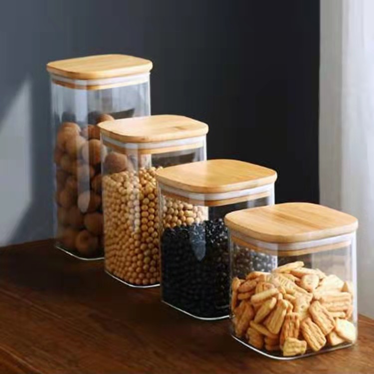 50ml 100ml 200ml 300ml 500ml 1L 1.5L Ecology Square Pantry Canister Jar with Bamboo Lid