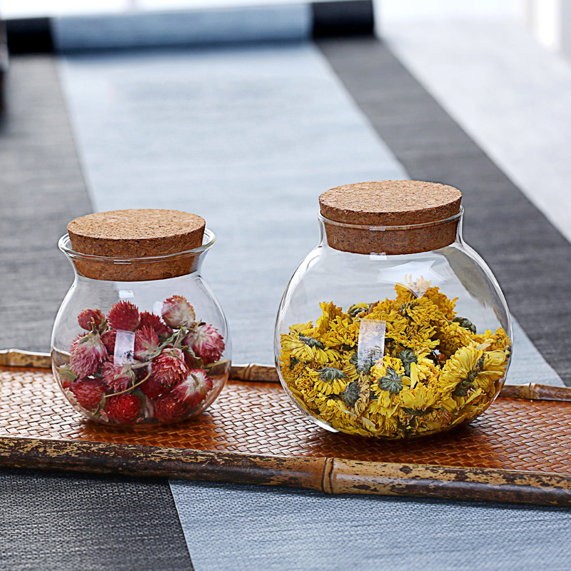 High Borosilicate Glass Storage Flower Tea Jar with Cork Lid