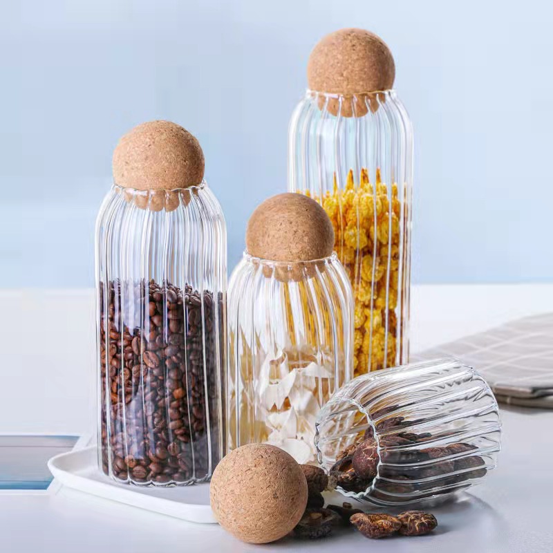 Ribbed High Borosilicate Glass Jar With Cork Lid