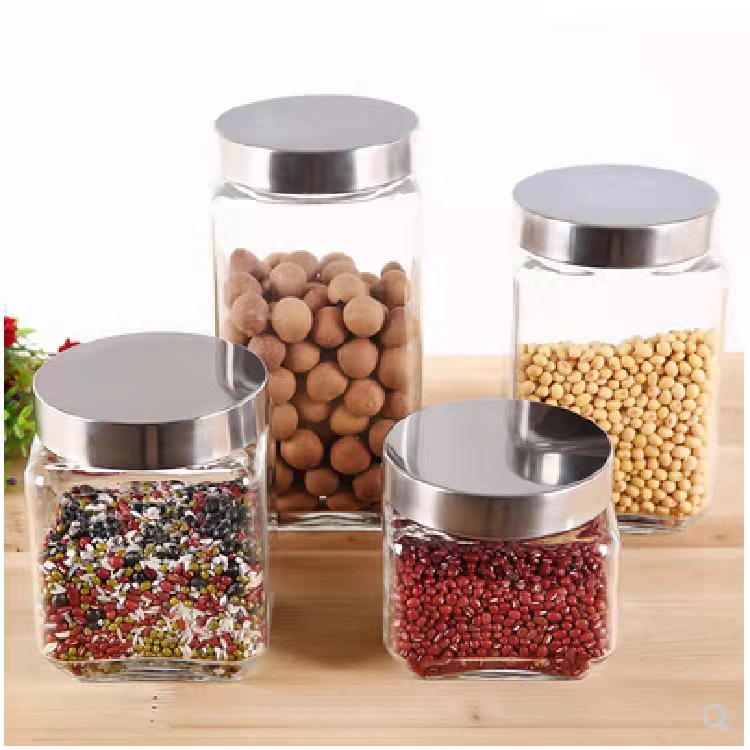 Food Grade 500ml-2000ml Square Glass Storage Jar with Metal Lid 