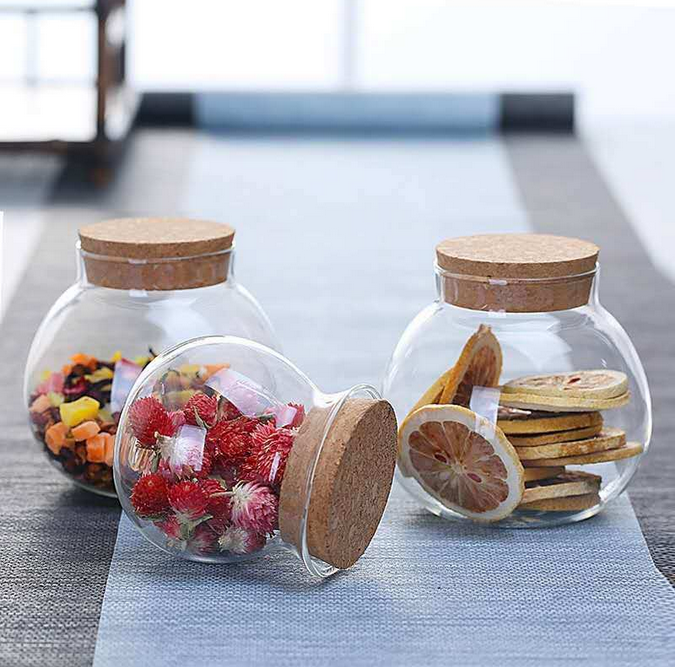 High Borosilicate Glass Storage Flower Tea Jar with Cork Lid