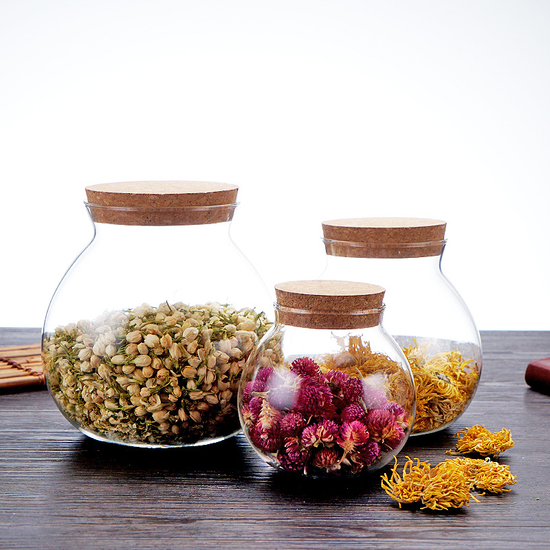 High Borosilicate Glass Storage Flower Tea Jar with Cork Lid