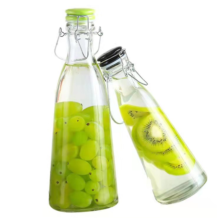 250ml 500ml 750ml1000ml 1500ml Drinking Glass Bottle with Metal Buckle Lid