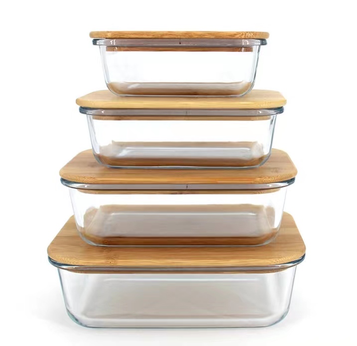 Round/Square/ Rectangle Shape High Borosilicate Glass Lunch Box With Bamboo Lid For Kitchen