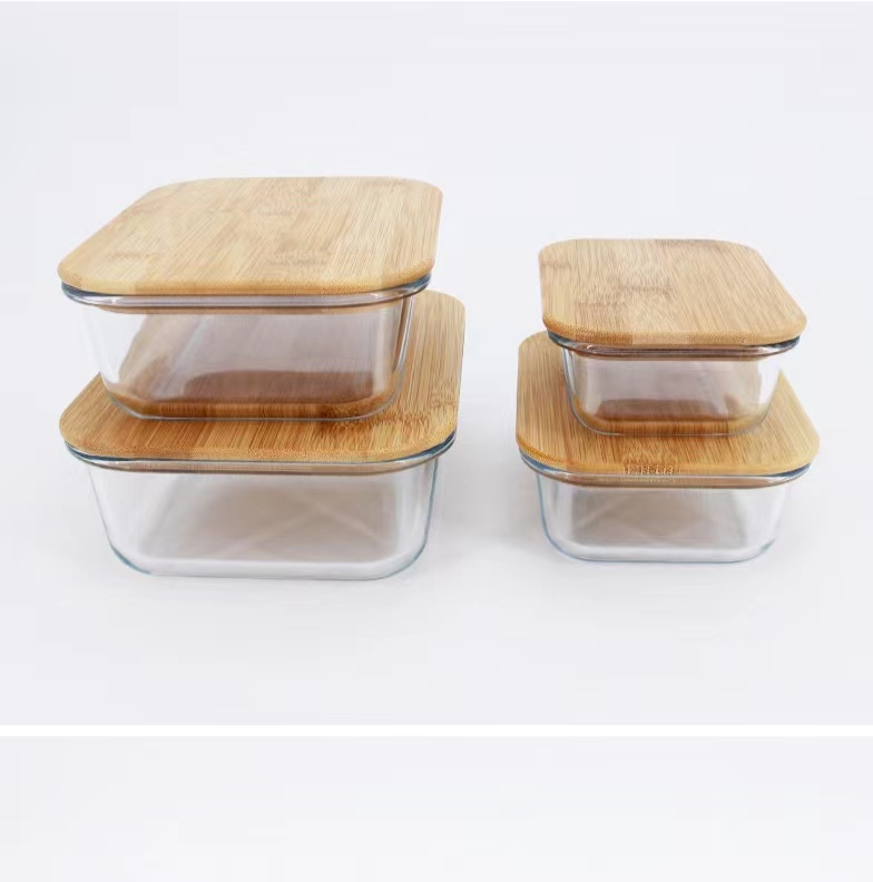 Round/Square/ Rectangle Shape High Borosilicate Glass Lunch Box With Bamboo Lid For Kitchen