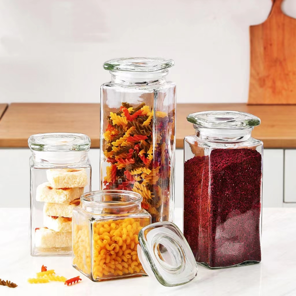 800ml/ 1200ml/ 1600ml/ 2000ml Square Glass Storage Jar with Lid