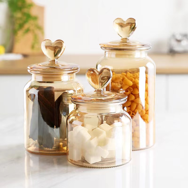 650ML/950ML/1350ML spray amber color glass storage jar with heart lid 