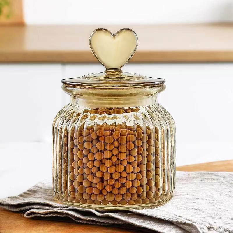 650ML/950ML/1350ML spray amber color glass storage jar with heart lid 