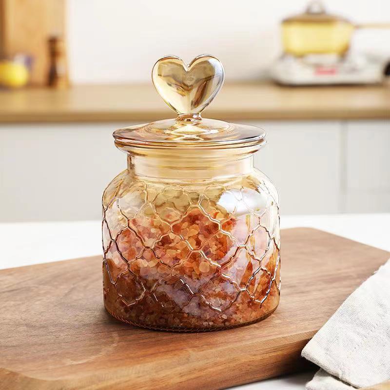 650ML/950ML/1350ML spray amber color glass storage jar with heart lid 