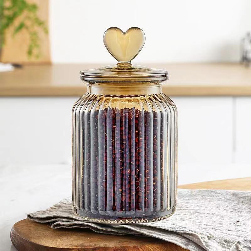 650ML/950ML/1350ML spray amber color glass storage jar with heart lid 