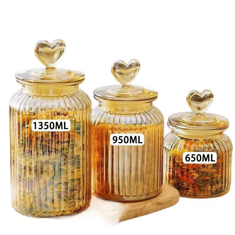 650ML/950ML/1350ML spray amber color glass storage jar with heart lid 