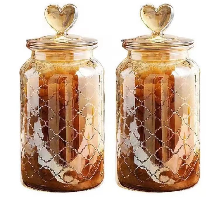 650ML/950ML/1350ML spray amber color glass storage jar with heart lid 